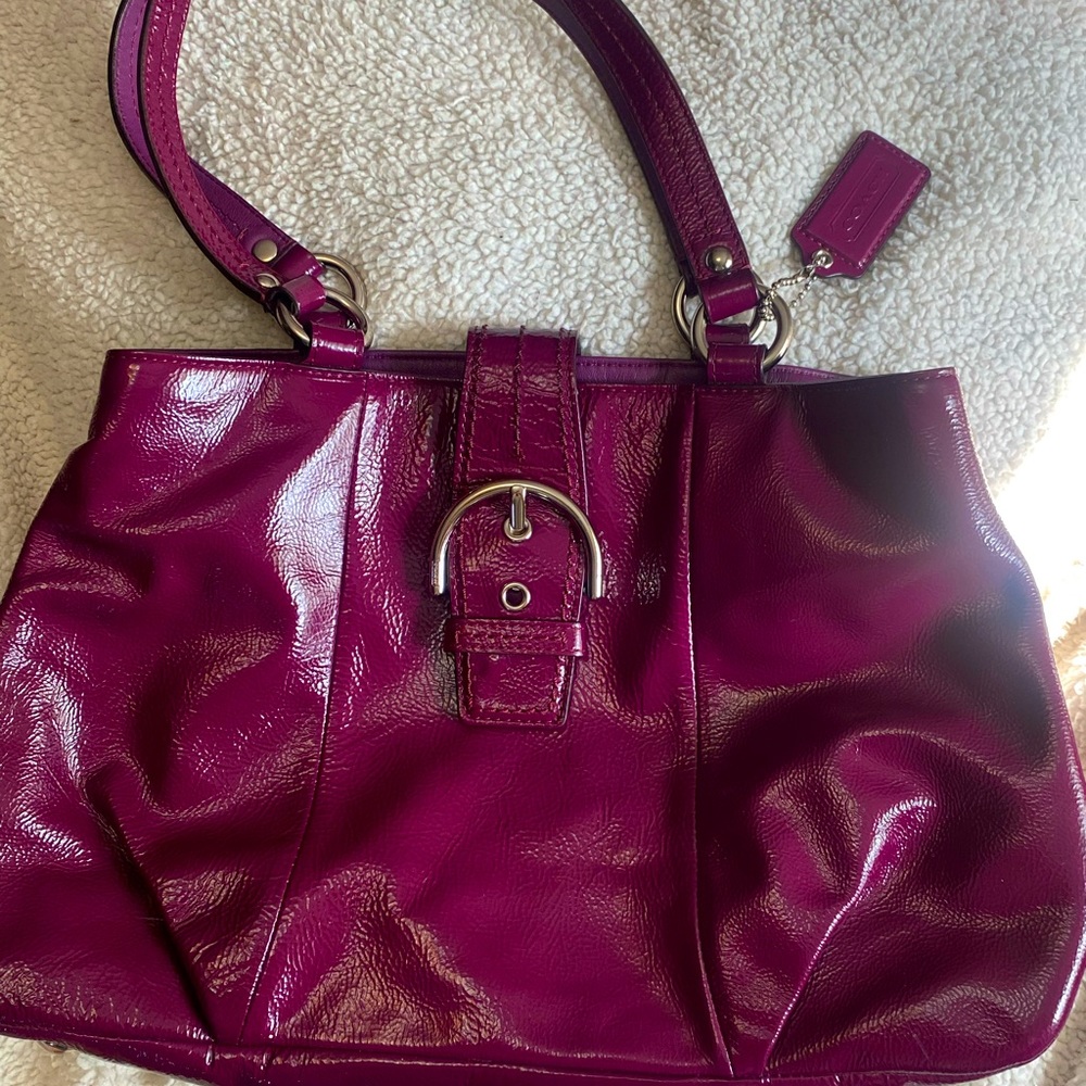 Coach Soho Shiny Patent Leather Buckle Bag Plum Purple